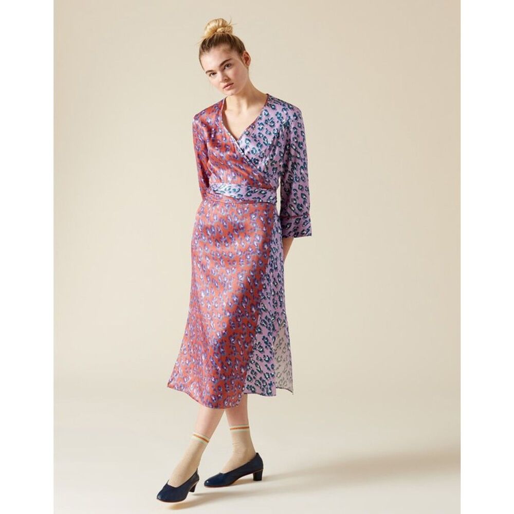 RACHEL ANTONOFF Red Purple Colorblock Leopard Print Satin Wrap Dress Size Large
